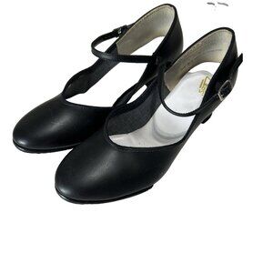 Leo Tap Dance Shoes Vtg Black Leather Single Strap Chunky Heels Size 7.5